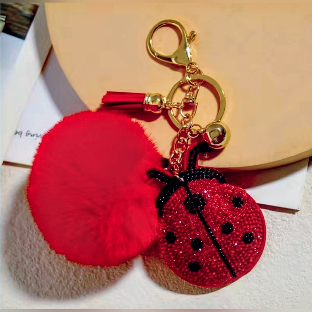 NEW Red & Black Rhinestone Lady Bug Bag Charm Keychain With Red Pom Pom